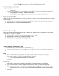 Thermal Energy, Temperature and Heat - Student Lesson Outline