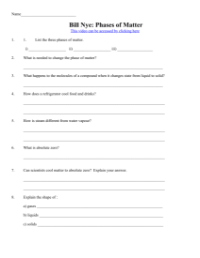 Bill Nye - Phases of Matter Worksheet