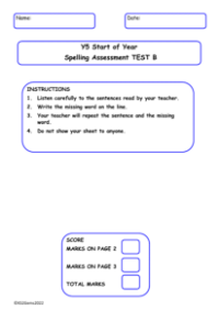 Start of Year Spelling Assessment Test B