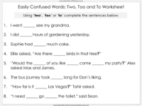 Easily Confused Words - Two, Too and To - Worksheet