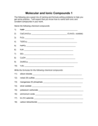 Molecular and Ionic Compounds - Worksheet with Answers 1