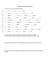 Balancing Chemical Equations -  Worksheet 2