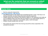 What are the names of materials that we see around the school? - Teacher notes