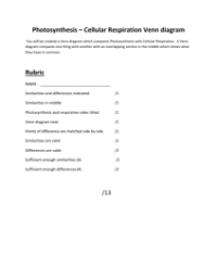 Photosynthesis - Respiration Venn Diagram