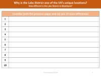 10 main difference in Blackburn and Lake District - Worksheet - Year 3