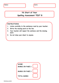 Start of Year Spelling Assessment Test B