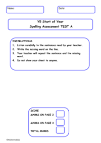 Start of Year Spelling Assessment Test A