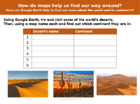 Deserts and the continents they are in - Worksheet