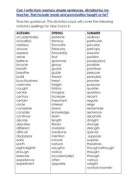 Year 3 and Year 4 Autumn Term Spellings Dictation - Worksheet