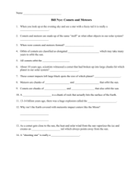 Bill Nye - Comets and Meteors Worksheet with Answers