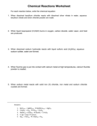 Chemical Reactions - Worksheet 2 with Answers