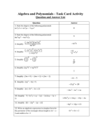 Algebra and Polynomials - Task Card Activity Answers