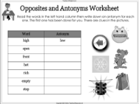 Opposites and Antonyms - Worksheet