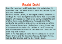 Biography and Autobiography - Lesson 2 - Roald Dahl Reading Worksheet