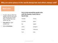 Word sorts - Equator, South Pole and North Pole