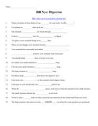 Bill Nye - Digestion Worksheet with Answers