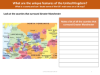 Counties around Greater Manchester - Worksheet - Year 3