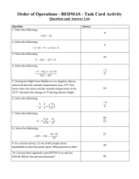 Order of Operations - BEDMAS - Task Card Activity Answers