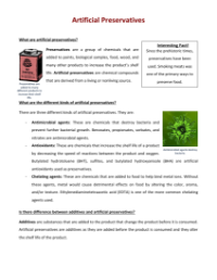 Artificial Preservatives - Reading with Comprehension Questions