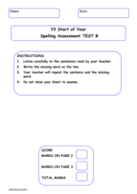 Start of Year Spelling Assessment Test B